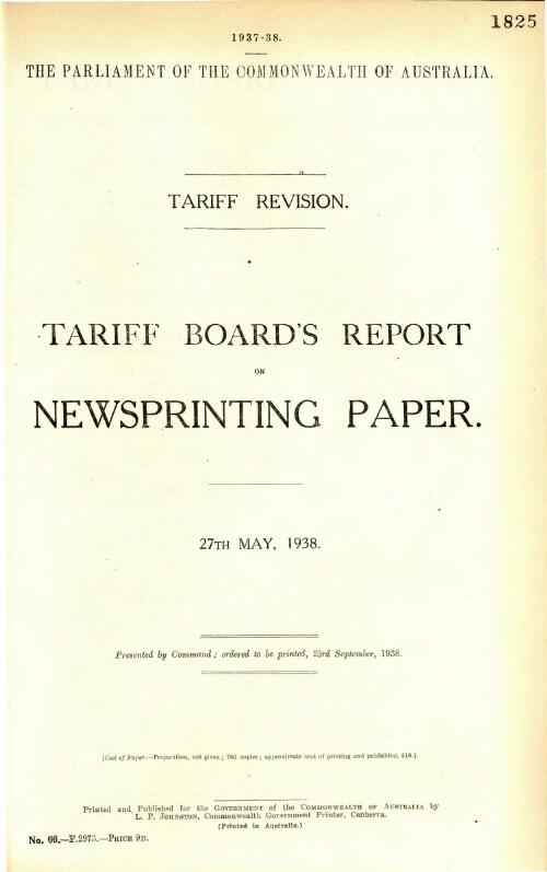 Tariff Board's report : tariff revision : newsprinting paper