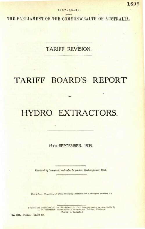 Tariff revision : Tariff Board's report on hydro extractors, 15th September, 1939