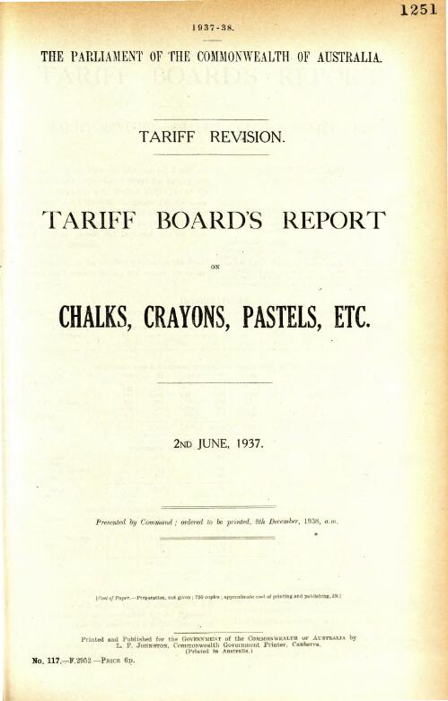 Tariff revision : Tariff Board's report on chalks, crayons, pastels, etc., 2nd June,1937