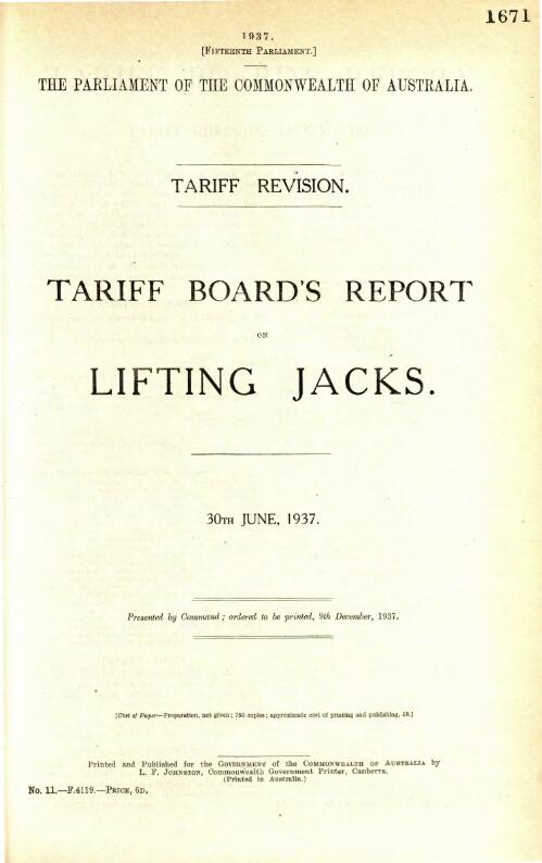 Tariff revision : Tariff Board's report on lifting jacks, 30th June, 1937