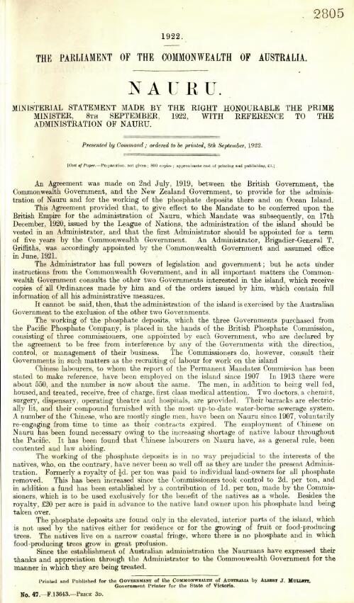 Nauru : ministerial statement made by the Right Honourable the Prime Minister, 8th September, 1922 with reference to the administration of Nauru / The Parliament of the Commonwealth of Australia, 1922