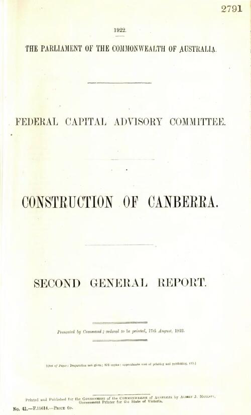 Construction of Canberra : second general report / Federal Capital Advisory Committee
