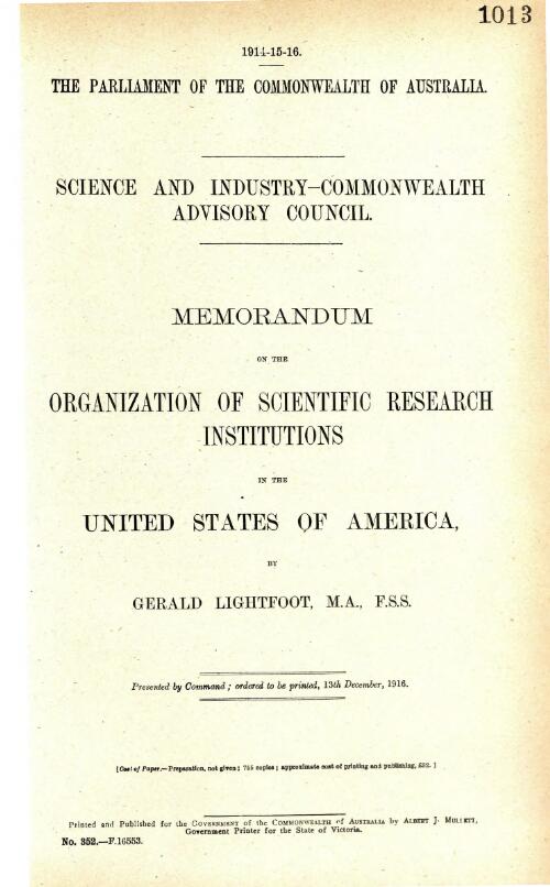 Memorandum on the organization of scientific research institutions in the United States of America / by Gerald Lightfoot