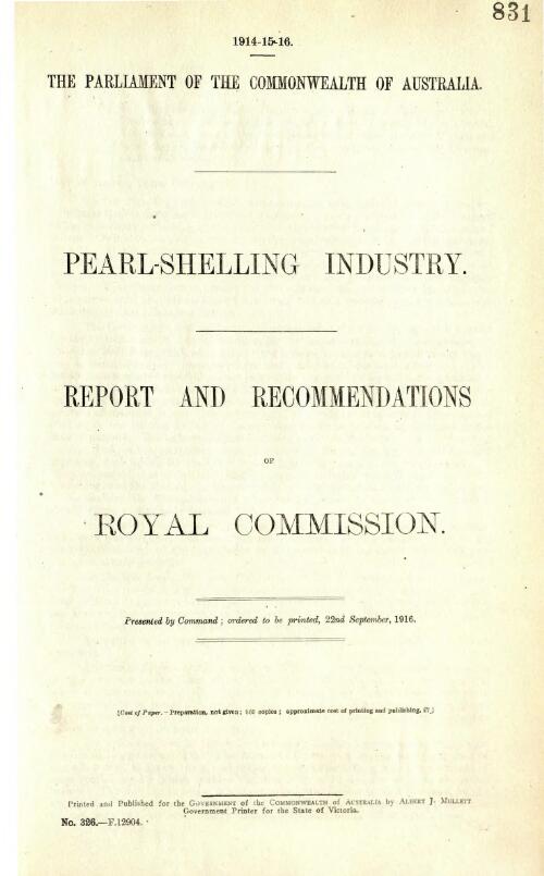 Pearl-shelling industry : report and recommendations / of Royal Commission