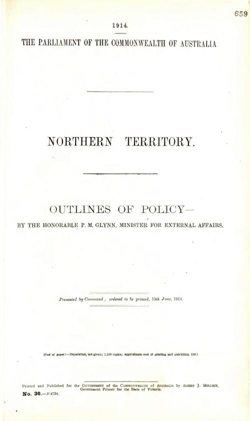 Northern Territory, outlines of policy / by P.M. Glynn, Minister for External Affairs