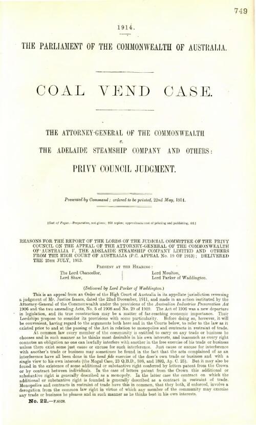 Coal vend case - The Attorney-General of the Commonwealth v. the Adelaide Steamship Company and others : Privy Councel Judgement - 1914