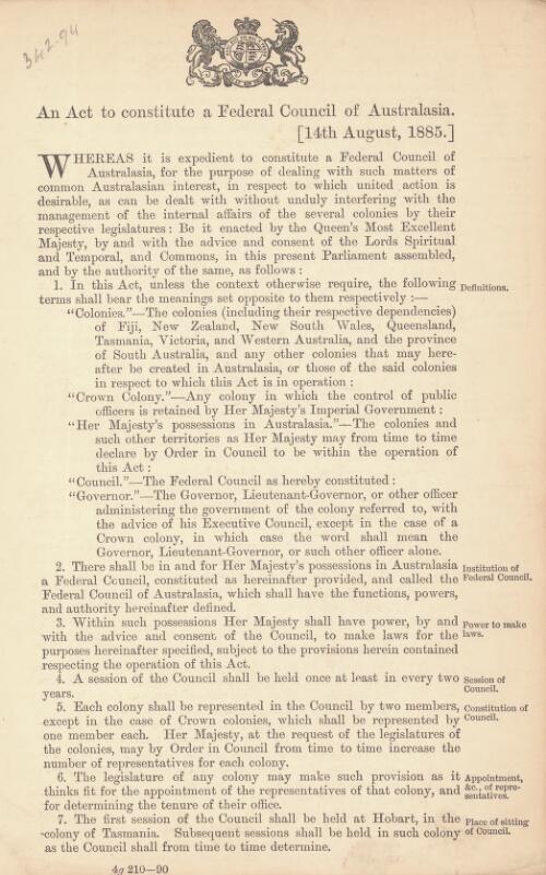 An Act to Constitute a Federal Council of Australasia, 14th August 1885