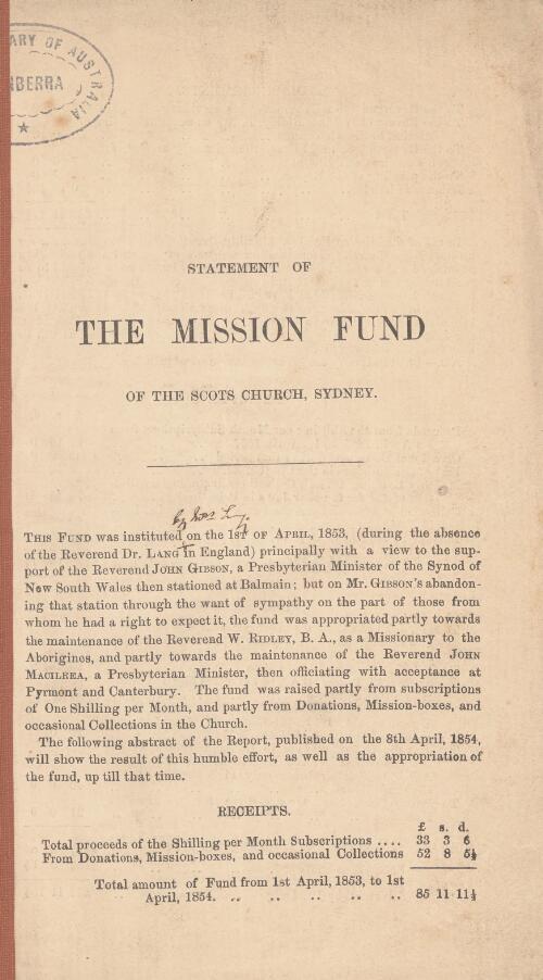 Statement of the mission fund of the Scots Church, Sydney