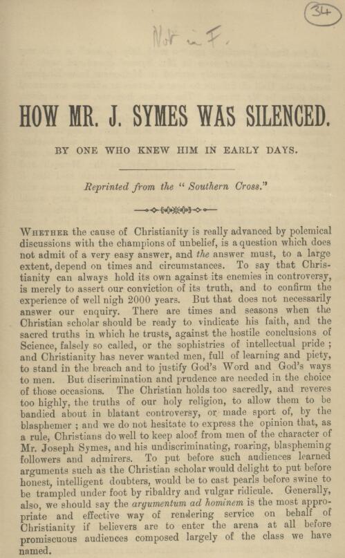 How Mr. J. Symes was silenced by one who knew him in early days