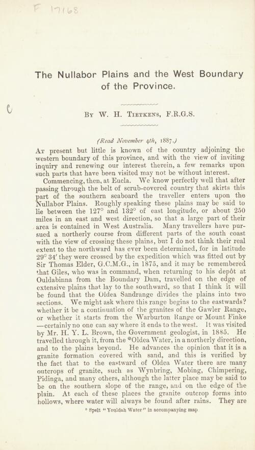 The Nullabor Plains and the west boundary of the province / by W. H. Tietkens