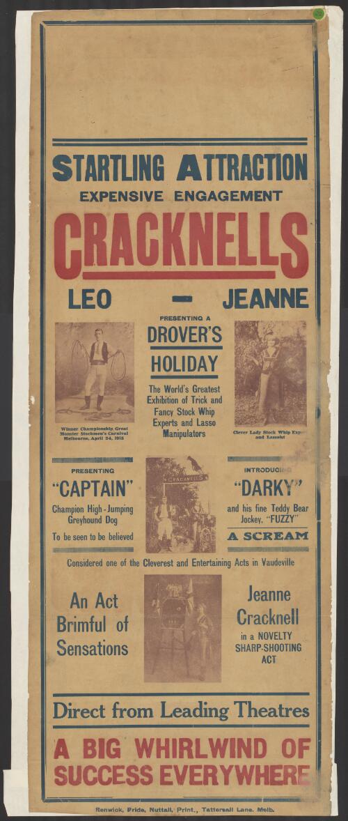 Startling attractions expensive engagement : Cracknell, Leo, Jeanne presenting a Drover's holiday