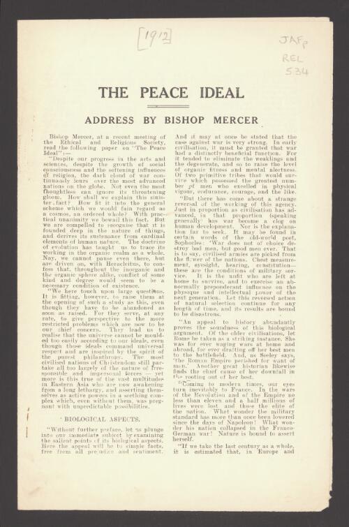 The peace ideal : address / by Bishop Mercer