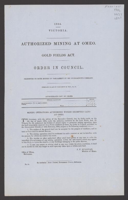 Authorized mining at Omeo : Gold Fields Act, Order in Council