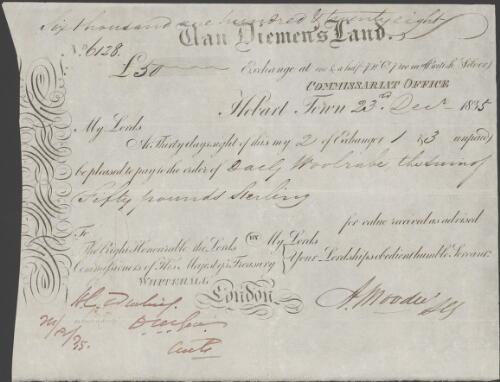 Treasury second bill of exchange payable at thirty days to Deputy Assistant Commissary General Woolrabe, signed by A. Moodie at Hobart Town, 23 December 1835 [manuscript]