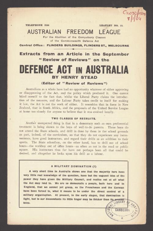 Extracts from an article in the September "Review of reviews" on the Defence act in Australia / by Henry Stead