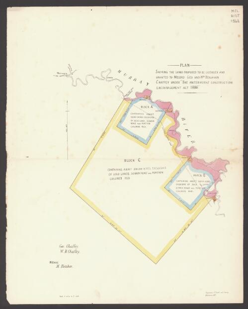 Plan showing the lands proposed to be licensed and granted to Messrs. Geo. amd Wm. Benjamin Chaffey under the Waterworks Construction Encouragement Act 1886 / Department of Lands and Survey