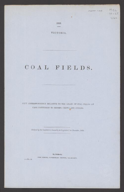 Coal fields : copy correspondence relative to the lease of coal fields at Cape Patterson to Messrs. Crews and others