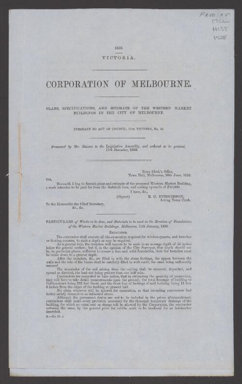 Corporation of Melbourne : plans, specifications and estimate of the western market buildings in the city of Melbourne