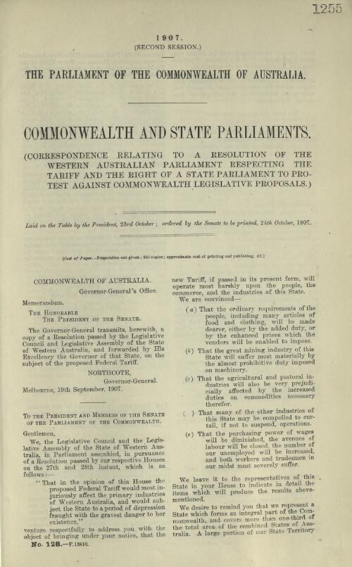 Commonwealth and State Parliaments. : (Correspondence relating to a resolution of the Western Australian Parliament respecting the tariff and the right of State Parliament to protest against Commonwealth legislative proposals.)