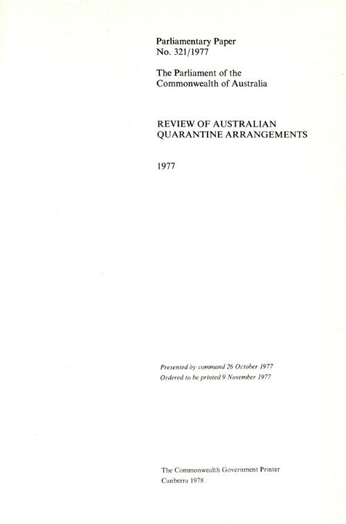 Review of Australian quarantine arrangements, 1977 / [Department of the Prime Minister and Cabinet in consultation with the Department of Health]