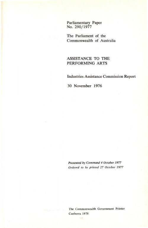 Assistance to the performing arts, 30 November 1976 / Industries Assistance Commission