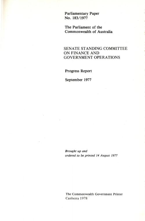 Progress report, September 1977 / Senate Standing Committee on Finance and Government Operations