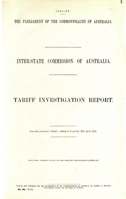Tariff investigation report / Interstate Commission of Australia