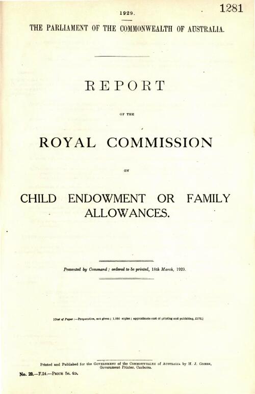 Report of the Royal Commission on Child Endowment or Family Allowances