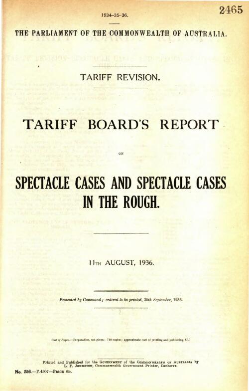 Tariff Board's report on spectacle cases and spectacle cases in the rough, 11th August, 1936