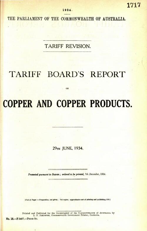 Tariff revision : Tariff Board's report on copper and copper products, 29th June, 1934