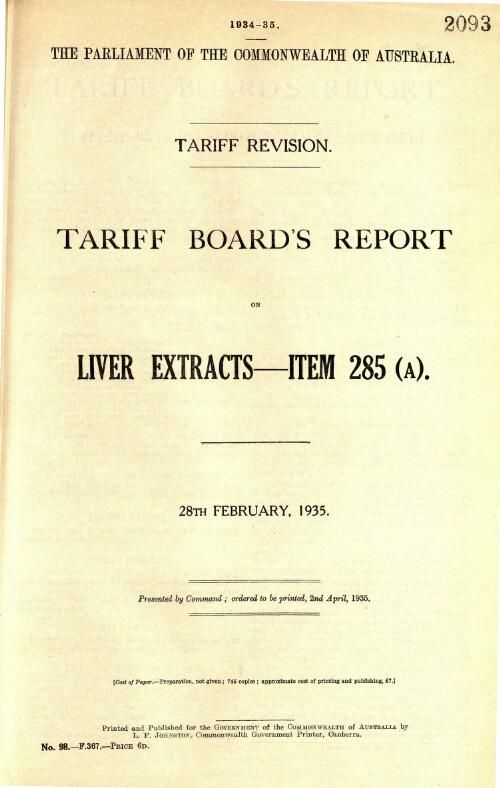 Tariff Board's report on liver extracts - item 285 (A), 28th February, 1935