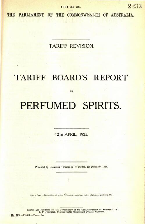 Tariff Board's report on perfumed spirits, 12th April, 1935