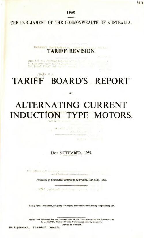 Tariff revision : Tariff Board's report on alternating current induction type motors, 13th November, 1959