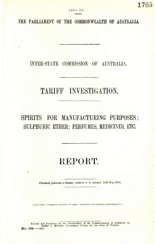 Tariff investigation spirits for manufacturing purposes ; sulphuric ether ; perfumes, medicines, etc. : report