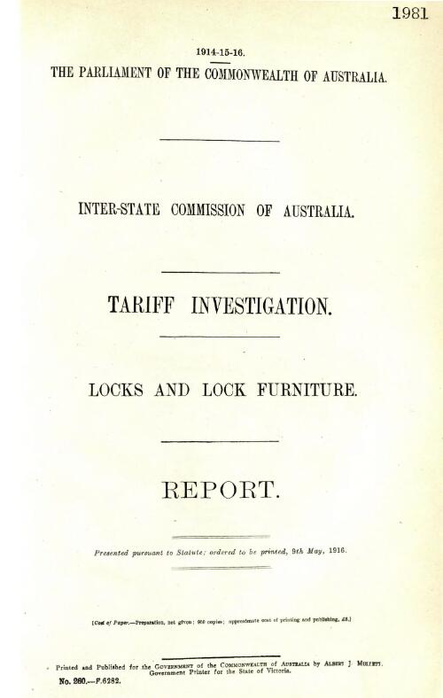 Tariff investigation locks and lock furniture : report
