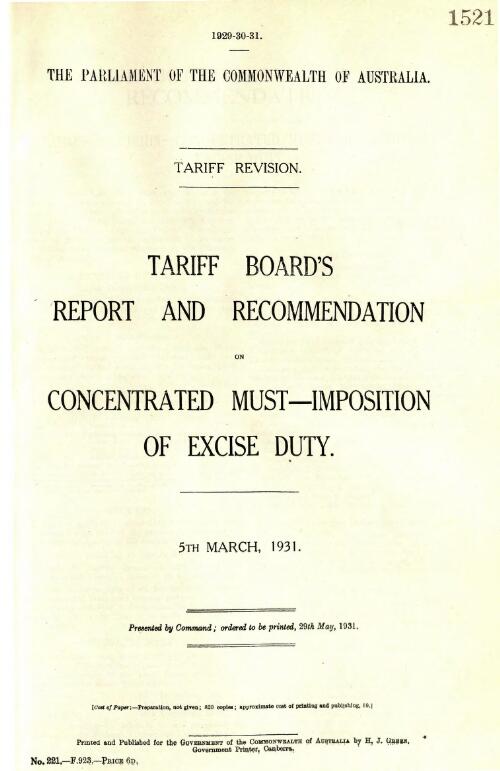Tariff revision : Tariff Board's report and recommendation on concentrated must - imposition of excise duty, 5th March, 1931