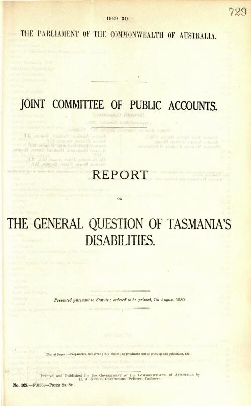 Report on the general question of Tasmania's disabilities / Joint Committee of Public Accounts