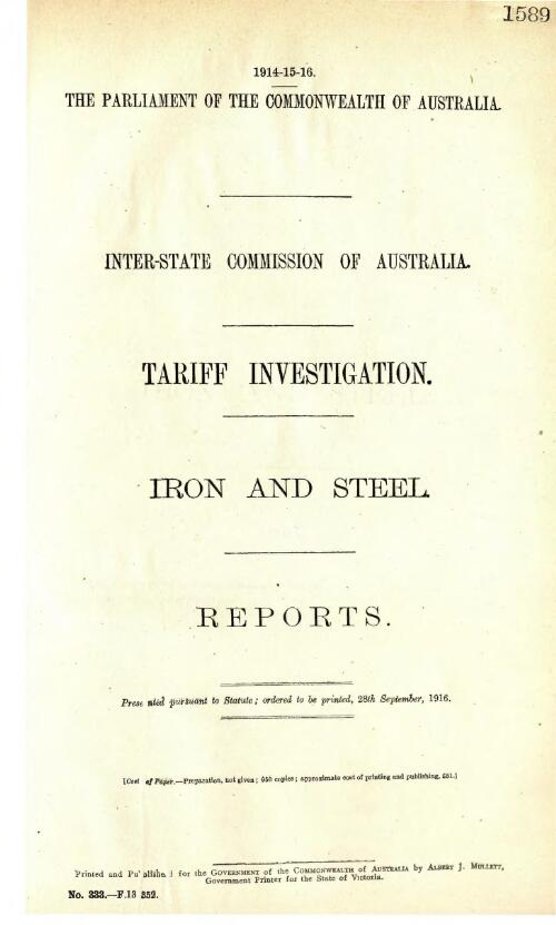 Tariff investigation iron and steel : report