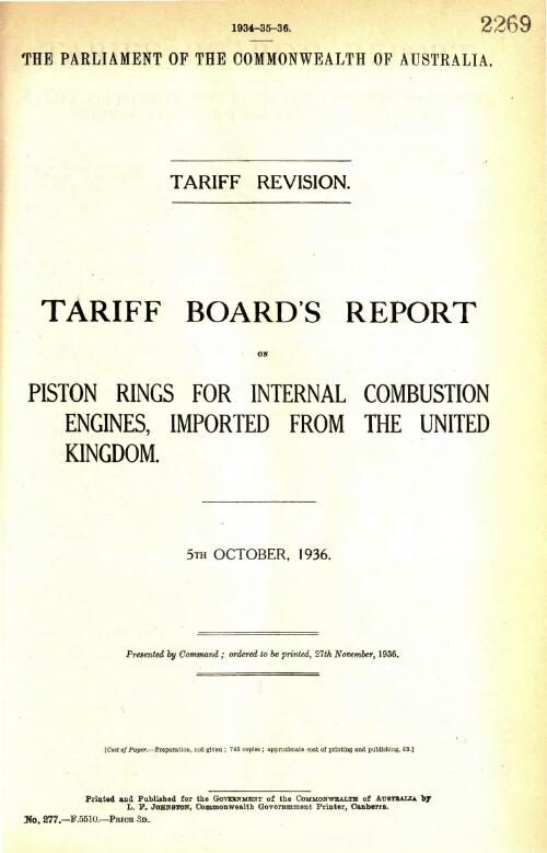 Tariff Board's report on piston rings for internal combustion engines, imported from the United Kingdom, 5th October, 1936