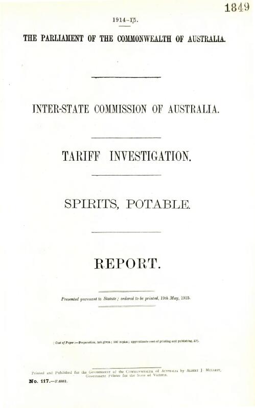Tariff investigation spirits, potable : appendix to report : statistical and other information, and evidence