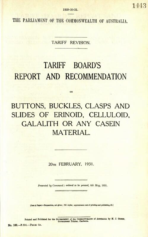 Tariff Board's report and recommendation on buttons, buckles, clasps and slides of erinoid, celluloid, galalith or any casein material, 20th February, 1931