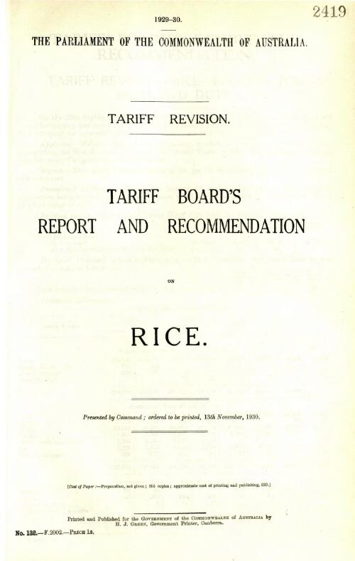Tariff Board's report and recommendation on rice