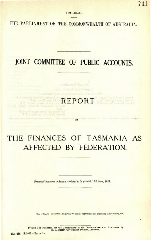 Report on the finances of Tasmania as affected by Federation / Joint Committee of Public Accounts