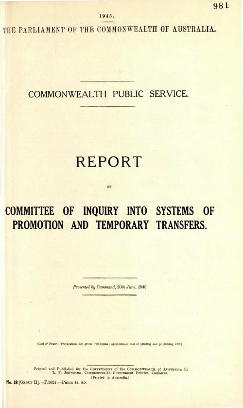 Report of Committee of Inquiry into Systems of Promotion and Temporary Transfers, Commonwealth Public Service