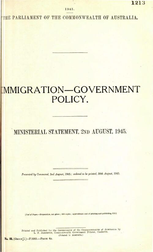 Immigration - government policy : ministerial statement / by Arthur Calwell