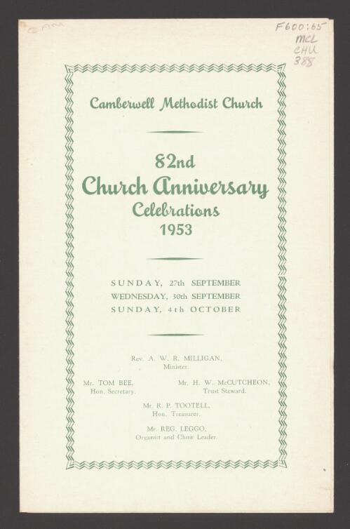 Camberwell Methodist Church : 82nd church anniversary celebrations, 1953