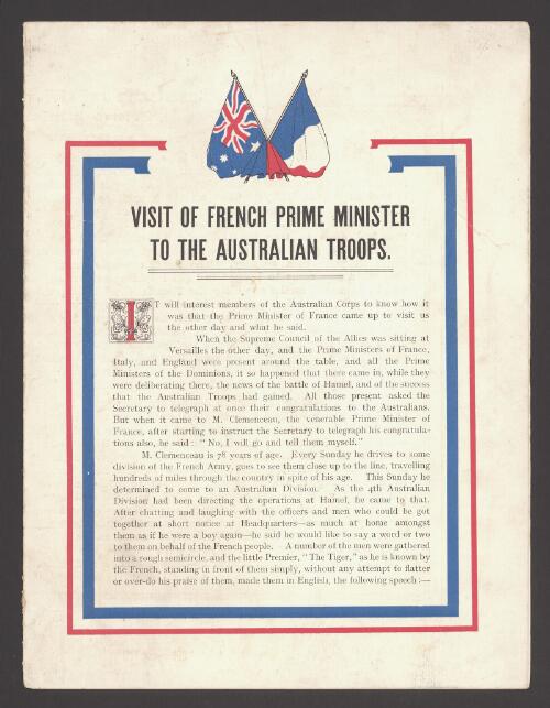 Visit of French prime minister to the Australian troops