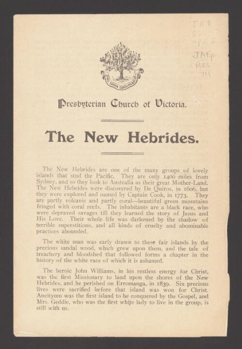 The New Hebrides / Presbyterian Church of Victoria
