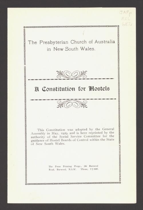 A constitution for hostels / the Presbyterian Church of Australia in New South Wales