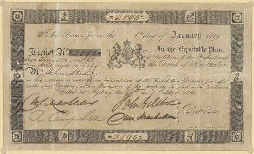 Bank of Australia lottery ticket number 2890, issued to John Sterling, dated 19 October 1848, drawn on 1 January 1849. Endorsed to David John Thomas for £4 on back